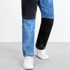 Herr jeans mode färg block lapptäcke rak män baggy byxor hip hop losska kvinnor denim byxor lyx pantalon homme 230720