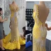 2019 Yousef Aljasmi Robes De Soirée Col En V Dos Nu 3D Floral Appliqued Perlée Sirène Robe De Bal Balayage Train Sur Mesure Formelle P309i