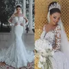 Mermaid Wedding Dresses for Girls Women Sheath Long Sleeves Bride Bridal Gowns Lace Appliques Beach Scoop Neck Customize Made Plus269o