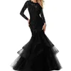 Elegant svart spetsformella aftonklänningar sjöjungfru lång ärm golvlängd formella festklänningar för kvinnor med pärlor applikationer middag pr2879