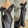 High Side Split Black Evening Dress Sheer Jewel Neck Satin Lace Mermaid Prom Dresses Party Wear Custom Made Long Sleeve Robe De So327L