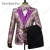 Gwenhwyfar Purple Floral Men Suits for Wedding Najnowsze projekty Mody Tuxedos Formalne bal maturalny 3 sztuki kamizelki kamizelki 2912