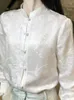 Damenblusen Vintage chinesischer Stil Seide Frauenhemden Sommer 2023 Weißer Stehkragen Langärmelige dünne weibliche Outwear Mäntel Tops
