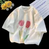 Women's T Shirts Pure Cotton Korean Version Of The College Style Tulip Print Short-sleeved T-shirt 2023 Summer Casual Round Neck Top Tren