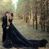 Black Bridal Gowns Country A Line Wedding Dresses V Neck Lace Tulle High Split Gothic Sweep Train Long Sleeve Plus Size293M