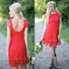 Red Full Lace Short 2019 Abiti da damigella d'onore Economici Western Country Style Girocollo Maniche ad aletta Mini Backless Custom Made maid of ho238b