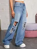 Jeans da donna Denim Vita alta Lavaggio traforato Moda Pantaloni a gamba larga divisi Cotone Allentato Mamma rilassata