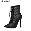 Aneikeh Black Mesh Women's Boots Fashion Toed Toe Lace-Up High Heels女性