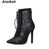 Aneikeh Schwarz Mesh Damen Stiefel Mode Spitz Spitze-up High Heels Frauen Transparent Stiefeletten Weibliche Sandalen Pumpen Kleid L230704