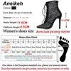 Aneikeh Black Mesh Women's Boots Fashion Toed Toe Lace-Up High Heels女性