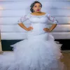 Plus Size African Wedding Dresses 2019 New Design Custom Made Court Train 3 4 Long Sleeve Ruffled Tulle Lace Mermaid Bridal Gowns 296b