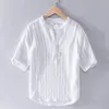 Camisas casuais masculinas 2023 moda verão linho listrado manga curta gola camisa causal algodão solto para homens