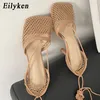 Eilyken Sexy White Hollow Mesh Pump Sandals Square Stopa na wysokim obcasie Koronka Koronna sukienka dla kobiet buty 230720