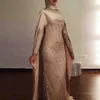 2021 Muslim Dubai Sheath Evening Dresses Wear High Neck Long Sleeves Bling Sequined Lace With Cape Sweep Train Plus Size Saudi Ara238J