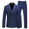 Herrdräkt Set Business Formal Wedding Dress Groom BlueTuxedo Slim Fit Double Breasted Grid Man Suit Set Menjacket Pents VE308K