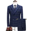 Herrdräkt Set Business Formal Wedding Dress Groom BlueTuxedo Slim Fit Double Breasted Grid Man Suit Set Menjacket Pents VE308K