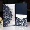 Romantic Dark Navy Spring Flower Glittery Laser Cut Pocket Wedding Invitation Kits Customizable Invites216Y