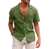 Men's Casual Shirts Selling 2023 Summer Lapel Solid Short Sleeved Shirt Button Cotton Linen