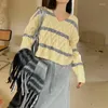 Kvinnors tröjor vintage beskuren tröja Kvinnor Knit Twist V Neck Jumper Casual Fashion Stripe Design Pullovers Lady Loose Long Sleeve Top
