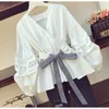 Coréen élégant blouse décontractée femmes 2021 printemps manches bouffantes nœud papillon rayé Blouse col en v rayé/blanc chemise hauts