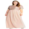Blush Sequin Bridesmaid Dresses Short Sleeves Chiffon Floor Length V-Back Wedding Guest Gowns Plus Size Long Maid of Honor Dress2427