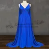 koningsblauw chiffon avond formele jurken echte bescheiden sexy v-hals met lange cape saudi arabië gelegenheid prom feestjurk bridesmaid227a