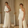 Liz Martinez 2020 Split Wedding Dresses Simple One Shoulder Long Sleeve Beach Boho A Line Satin Bridal Gowns Vestido De Novia212B