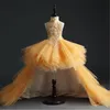 Gold Tulle Girl's Pageant Dress Birthday Party Dress Hi-Lo paljettpärlor Flower Girl Princess Dress Fluffy Kids First Communi226z