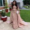 Abito da sera musulmano a sirena a maniche lunghe in Arabia Saudita con strascico staccabile cacciatore in oro rosa con paillettes caftano Dubai Prom formale Dres223J