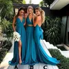 Teal Blue Long Bridesmaids Dresses Cheap 2022 Sexy Deep V-neck Open Back Ruched Long Maid of Honor Dress Wedding Guest Dress vesti195C