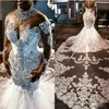 Crystal Beaded African Mermaid Wedding Dresses with Illusion Long Sleeve 2020 Sheer High Neck Cathedral Train Princess Wedding Gow243k