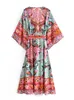 Basic Casual Jurken Vintage chique vrouwen rode bloemenprint vleermuis mouw strand Boheemse jurken Kimono Dames V-hals sjerpen Boho maxi jurk vestidos 230720