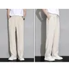 Erkek pantolon elastik bel takım elbise pantolon buz ipek şık geniş bacak işleri ile düğmeler sinek 230720