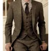 Vintage män passar smokar ull tweed 3-delen brun fiskbens kostym anpassad smal passform brudgum wedd bröllop tuxedos274u