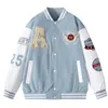 Herrjackor herr vår hösten varsity jackor broderi koreanska mode lösa baseball uniform par blå retro läder ärm bombplan rockar 230721