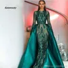 Elegant Muslim Green Long Sleeves Evening Dresses With Detachable Train Sequin Bling Moroccan Kaftan Formal Party Gown228h