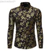 Camisas casuais masculinas Camisa masculina branca 2023 Luxo dourado Estampa floral Camisas masculinas justas Manga comprida Chemise Homme Streetwear Camisa havaiana Homem L230721