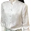 Damenblusen Vintage chinesischer Stil Seide Frauenhemden Sommer 2023 Weißer Stehkragen Langärmelige dünne weibliche Outwear Mäntel Tops