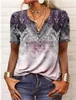 Camiseta feminina 2023 moda verão camiseta estampada casual decote em v floral vintage manga curta botões solto y2k pulôver camiseta tops 230721