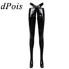 Womens Wetlook Patent Leather Crotchless Sexy Lingerie Open Crotch Trousers Erotic Pants With Waistband Night Roleplay Nightwear W244r