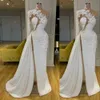 2023 Sexy Arabic New A Line Wedding Dresses High Neck Illusion One Shoulder Lace Appliques Flowers Beads Plus Size Side Split Formal Bridal Gowns