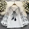 Women's Blouses Women Autumn Blouse Korean Version Embroidered Ethnic Style Tassel Loose Tie Round Neck Lantern Sleeve Tops