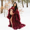 Sıradan Elbiseler Burgundy Fluffy Tulle Anne Elbise Cüppeler Kadınlar Uzun Po Çekim Resmi Doğum Giyin Çetesi