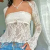 Camiseta de mujer Gaono Floral Lace Mesh Sheer Conjunto de 2 piezas Camiseta de manga larga con hombros descubiertos Top de tubo sin tirantes Fairy Coquette Y2K Vintage Crop Top 230721