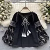 Women's Blouses Women Autumn Blouse Korean Version Embroidered Ethnic Style Tassel Loose Tie Round Neck Lantern Sleeve Tops