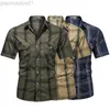 Men's Casual Shirts Men Lapel Shirt Plaid Printing Summer Short-sleeve Fashion Military Tops Casual Streetwear Male Work Shirts Army Green S-5XL L230721