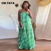 Women s Jumpsuits Rompers CM YAYA Women Printed Beach Holiday Spaghetti Strap Pleated Loose Skirt Wide Leg Jumpsuit 2023 Summer INS Set Playsuit 230720