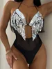 Suits Sexy Tassel Swimsuit Women Shiny Sequin Designer Push Up Backless badkläder Backless Black Mesh Bathing Suits 230720