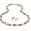 8-9mm Branco Rosa Roxo Multicolor Natural South Sea Colar de Pérolas Conjunto de Brincos de 20 polegadas Ouro 14k263B