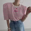 T-shirt pour femmes Komiyama Fresh Hit Color Stripe Tops Femmes Summer Puff Short Sleeve Y2k Vêtements Loose O Neck T Shirt Fashion Casual Tees 230720